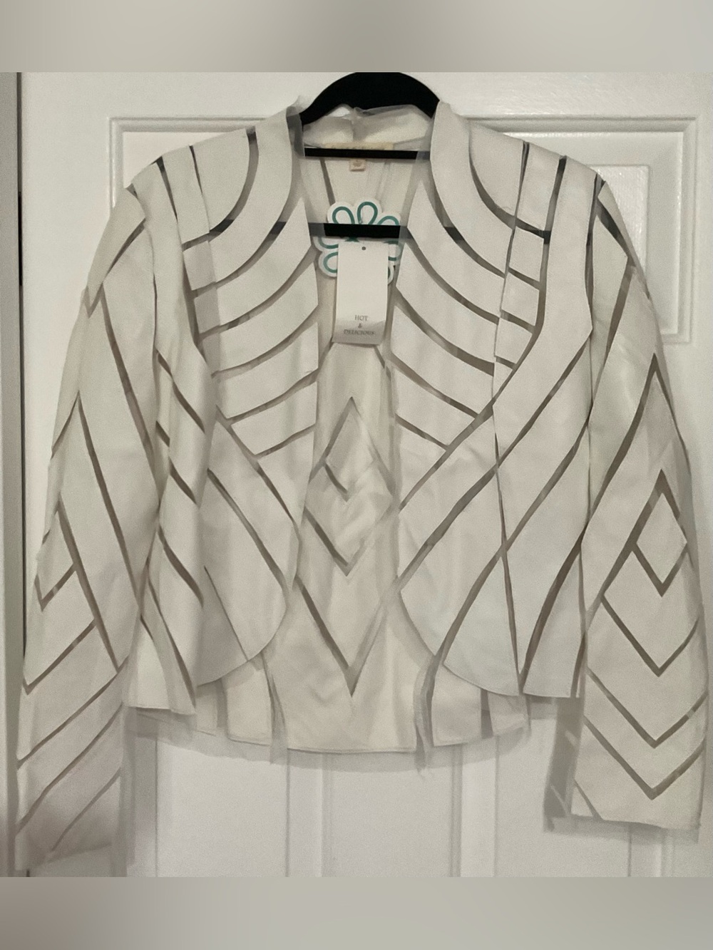 White Geometric-Striped Open Front Women's Jacket